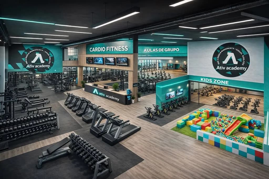 Imagem do novo espaço da Ativ Academy, com zona de pesos, cardio fitness, aulas de grupo e kids zone